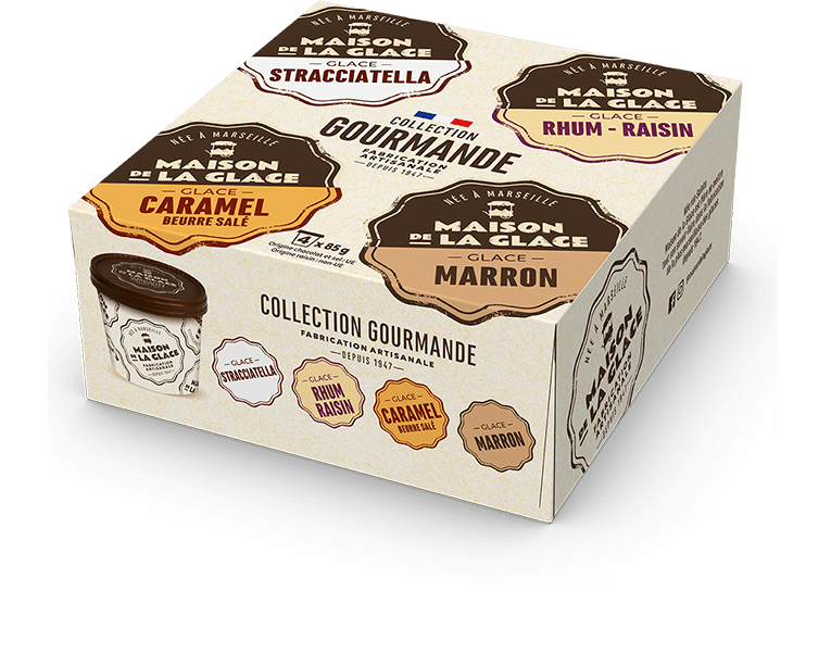 Collections Maison de la Glace gourmande stracciatella rhum raisin caramel marron artisanale