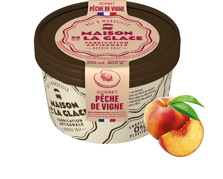 Pot 500 ml sorbets pêche de vigne Maison de la Glace fabrication artisanale